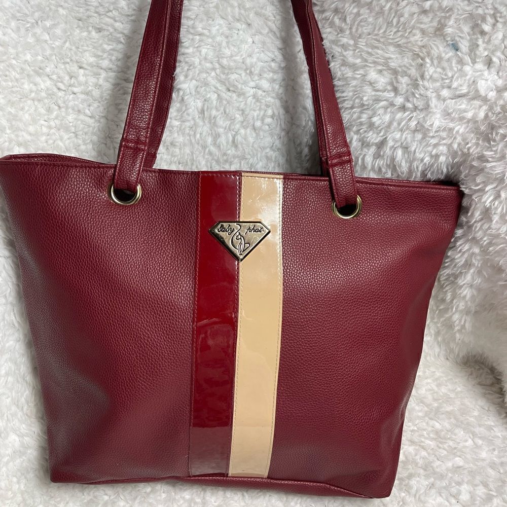 Babyphat faux leather Burgundy red XL large tote Beige &Burgundy patent accent